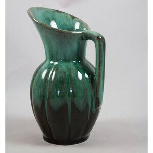 Vtg 1960's Canuck Pottery Fluted Jug #908 Evangeline Ware Blue-Green Drip Glaze